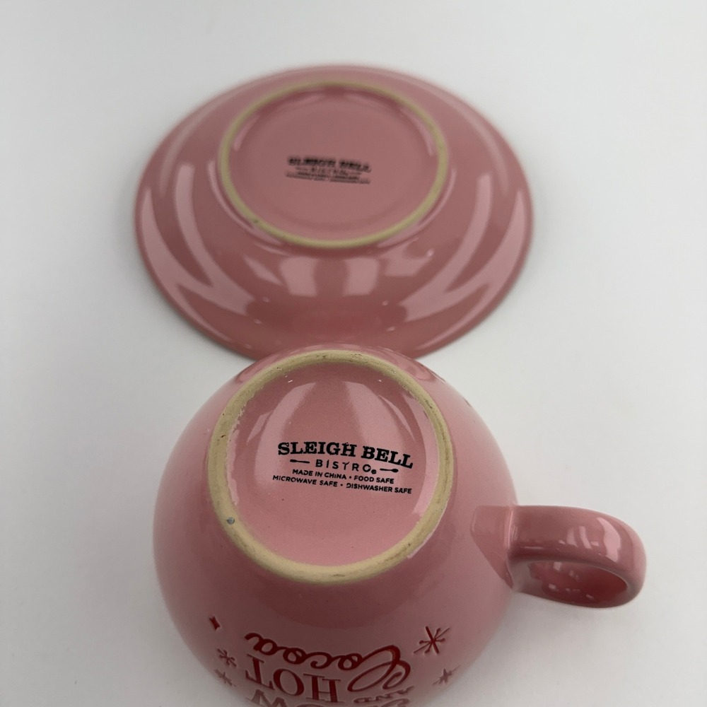 Sleigh Bell Bistro Pink Fresh Snow and Hot Cocoa Ceramic Cup and Saucer Set - Picture 2 of 6